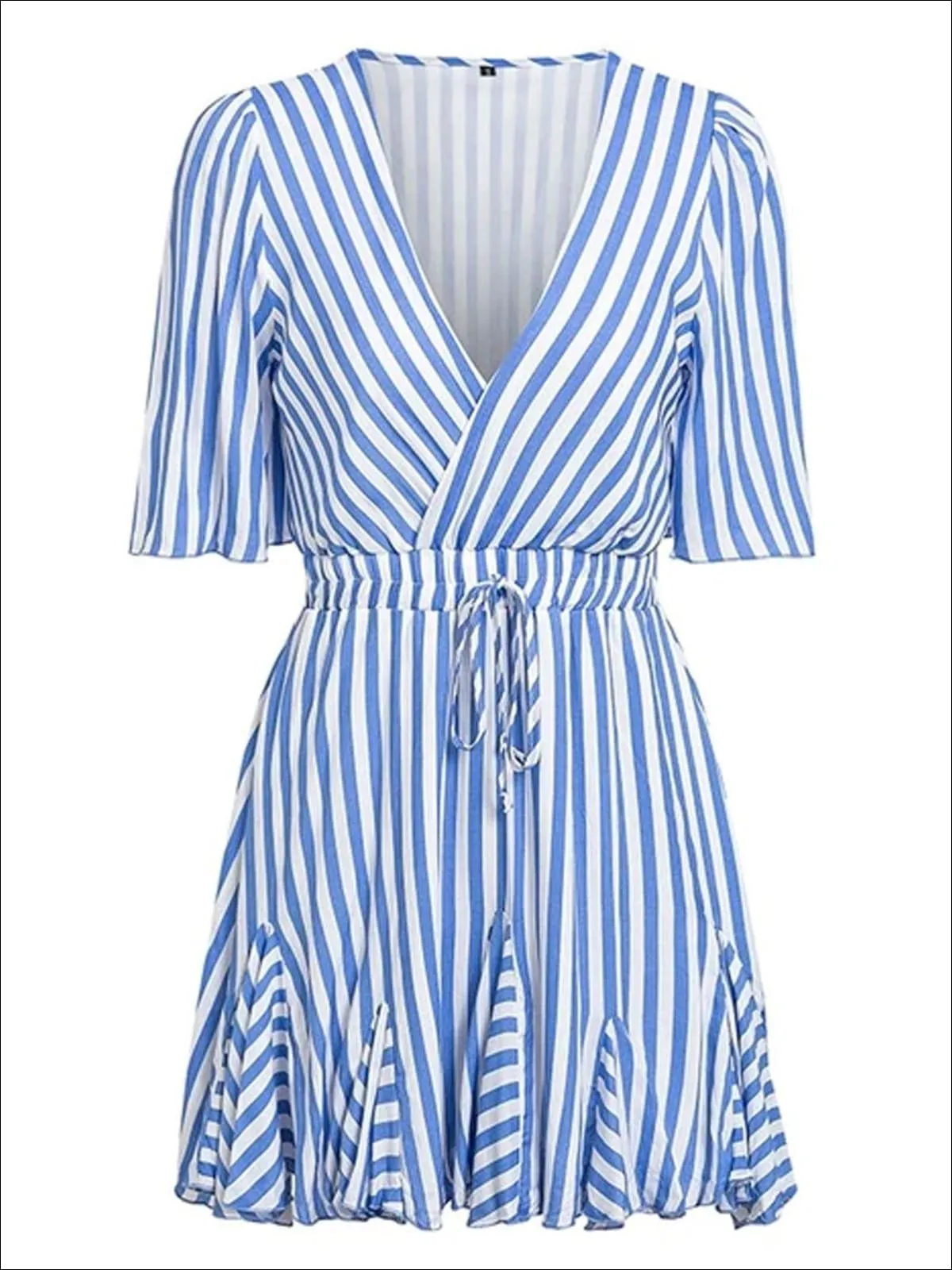 Women's Striped Faux Wrap Ruffle Detail A-Line Dress