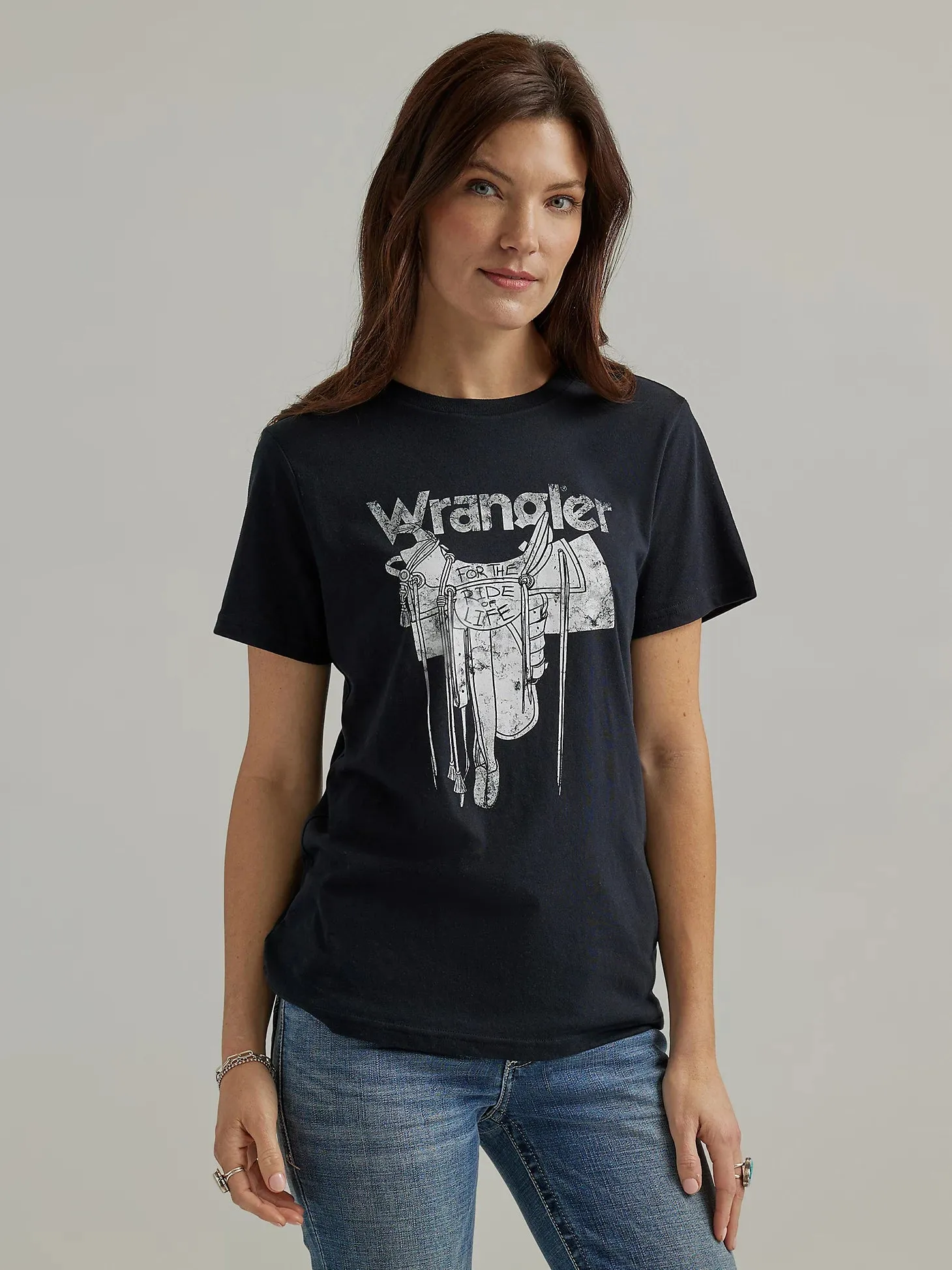 Women's Wrangler 112344186 Retro Western Graphic Black Short Sleeve Tee Shirt