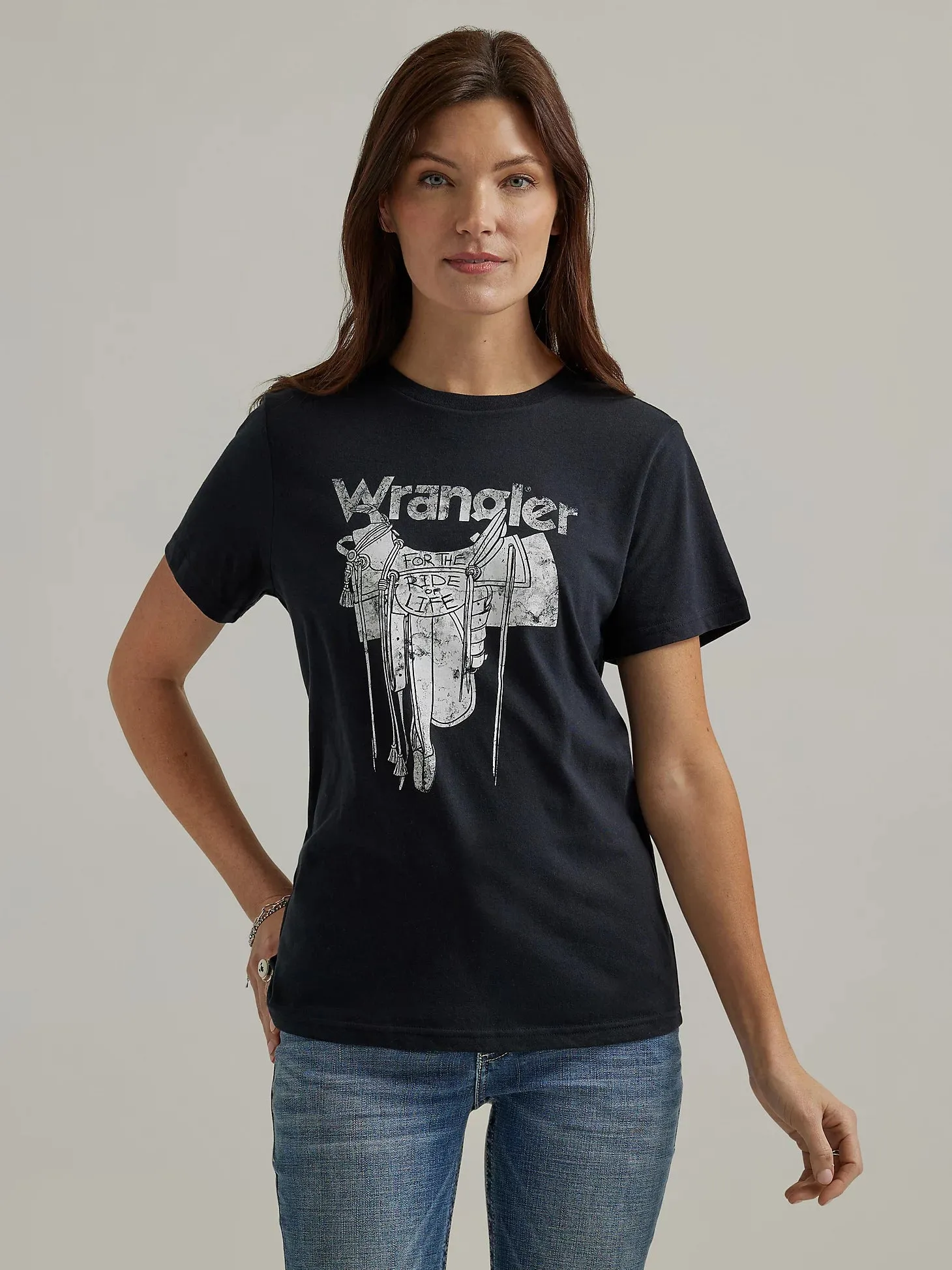 Women's Wrangler 112344186 Retro Western Graphic Black Short Sleeve Tee Shirt